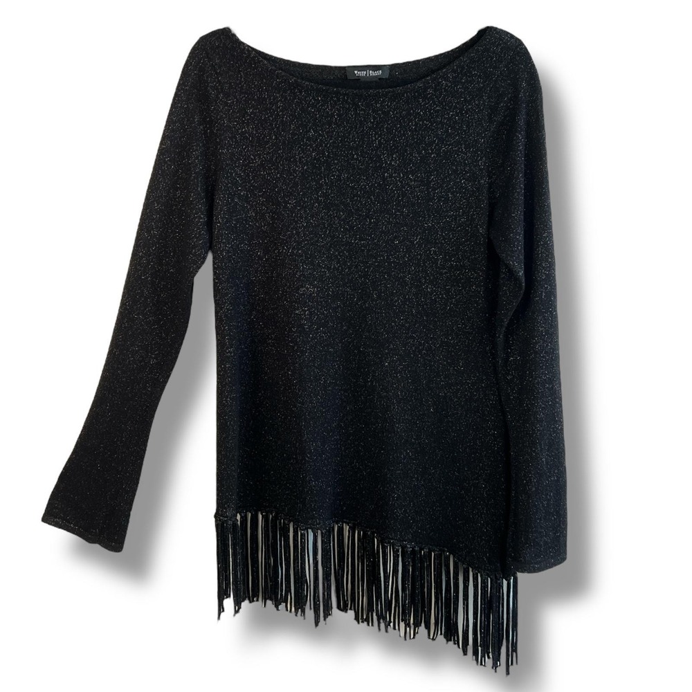 White House Black Market Sweater Top‎ Womens M Metallic Asymmetrical Fringe Hem